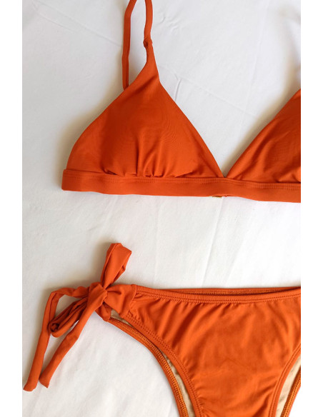 Biquini top triangulo fixo + cueca de atar cor tijolo