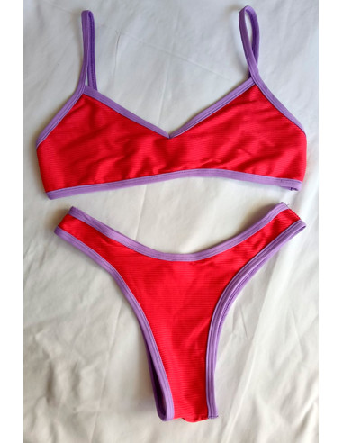 Biquini sutiã inteiro + cueca asa delta vermelho roxo
