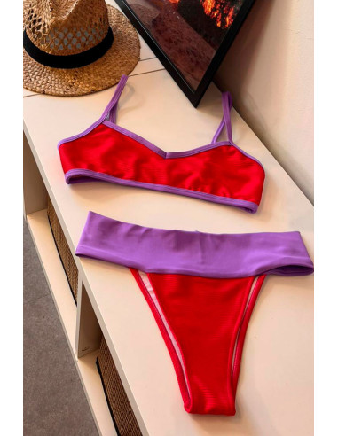Biquini sutiã inteiro + cueca subida vermelho roxo