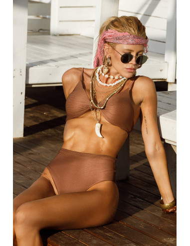 Biquíni Castanho Canelado com Top Nó e Cueca...